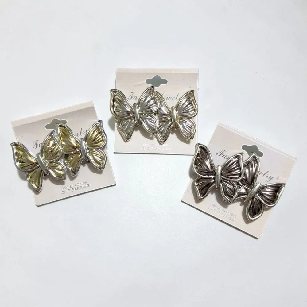 Butterfly Clip On Earrings Lot of 3, Gold Silver Tone, Statement Y2K Jewelry